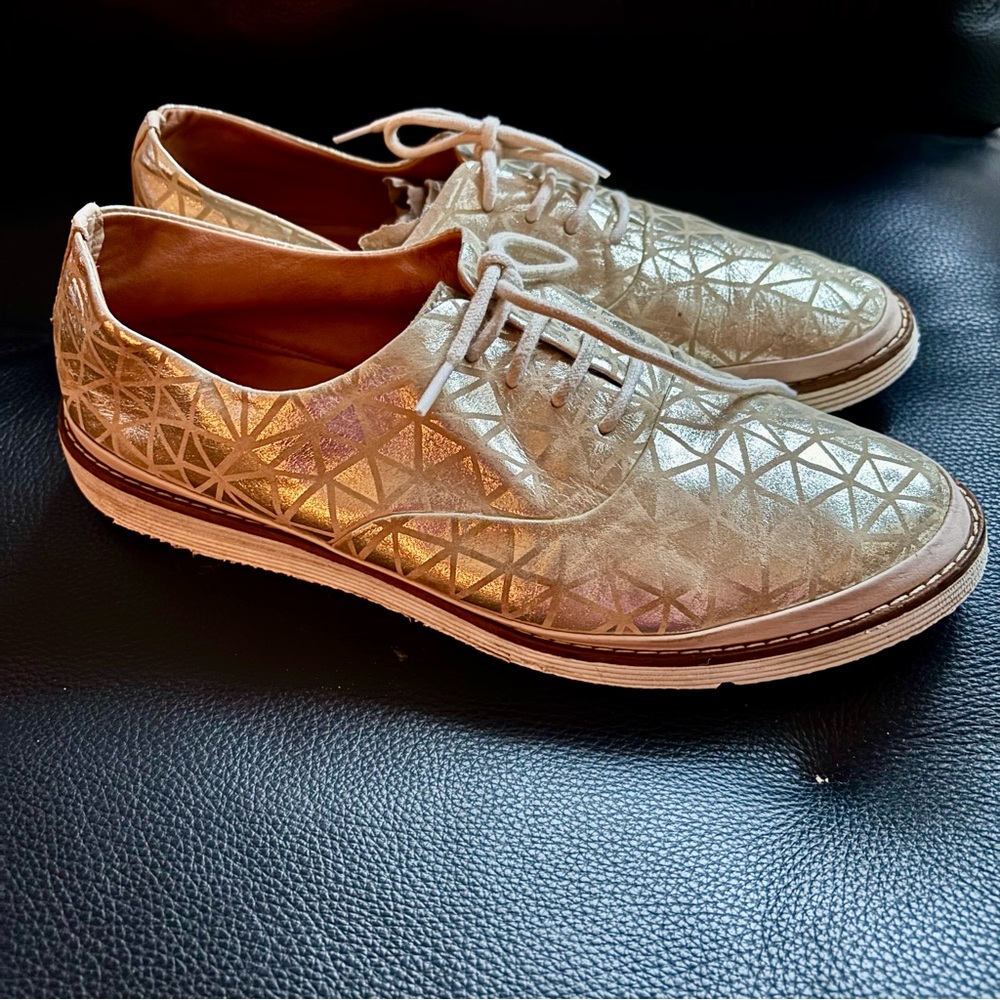 Women's Metallic Gold Lace-Up Sneakers - Casual Comfort